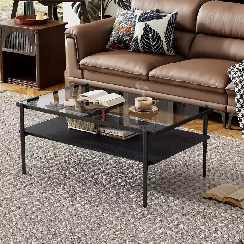 Modern Rectangle Coffee Tables with Gray Tempered Glass Top and Black Legs