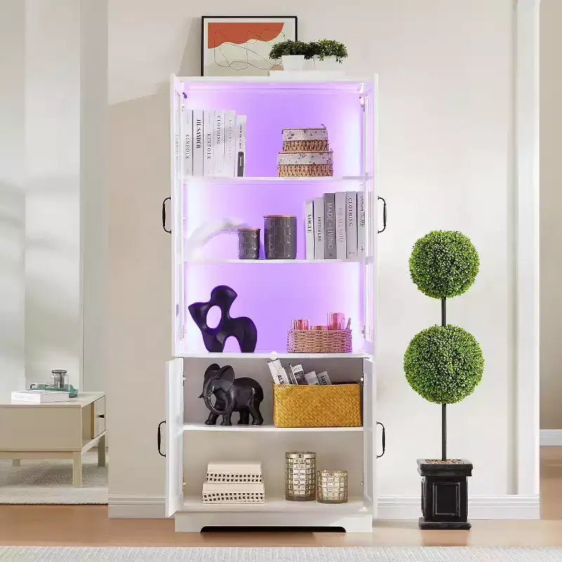 Mobile alto portaoggetti con luci LED, grande libreria con ante in vetro acrilico