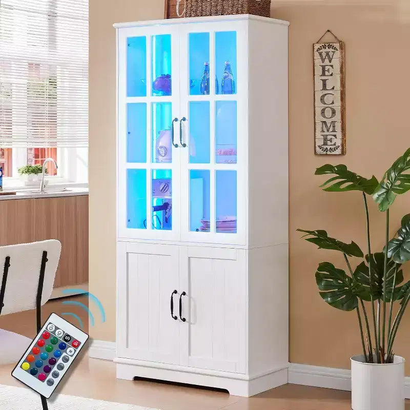 Mobile alto portaoggetti con luci LED, grande libreria con ante in vetro acrilico