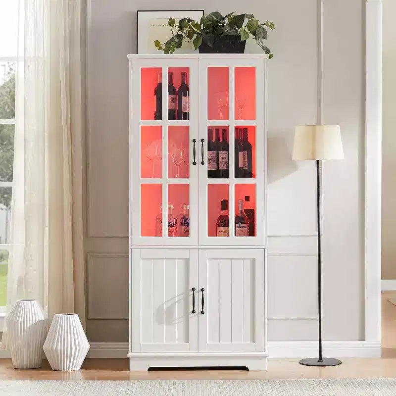 Mobile alto portaoggetti con luci LED, grande libreria con ante in vetro acrilico