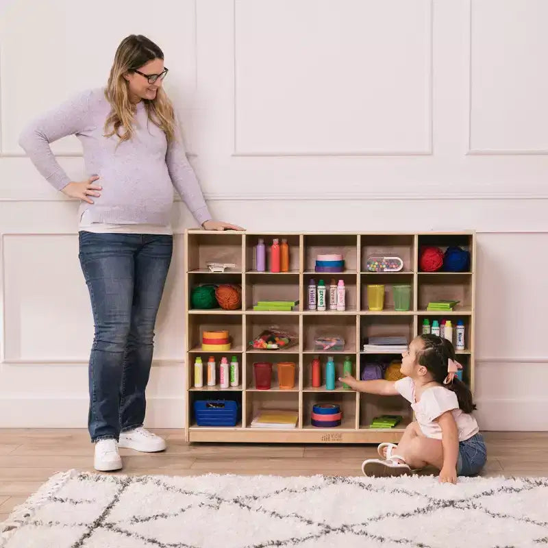 Cubby Mobile Tray Storage Cabinet, 5x5, Classroom Furniture, Natural