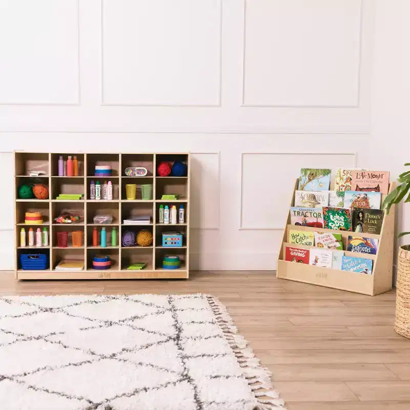 Cubby Mobile Tray Storage Cabinet, 5x5, Classroom Furniture, Natural