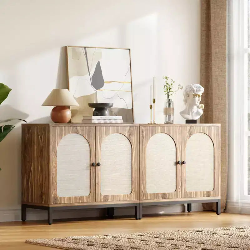 Rattan Sideboard Buffet Cabinet Rattan Doors, Adjustable Shelves