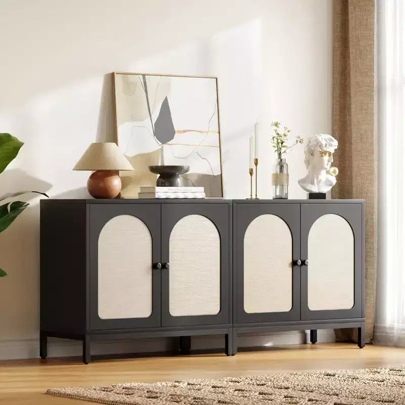 Rattan Sideboard Buffet Cabinet Rattan Doors, Adjustable Shelves