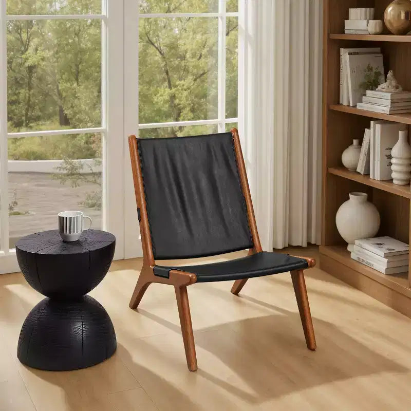 Modern Genuine leather Accent Sling Chair with Wood Frame, Armless, Black