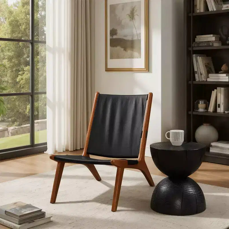 Modern Genuine leather Accent Sling Chair with Wood Frame, Armless, Black