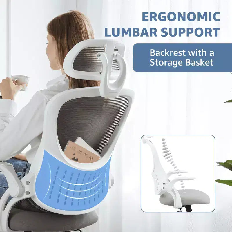 Sedia ergonomica da lavoro, schienale alto, ruote, braccioli ribaltabili, regolabile