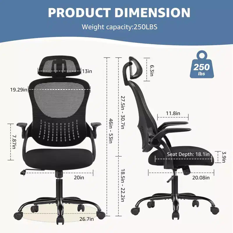 Sedia ergonomica da lavoro, schienale alto, ruote, braccioli ribaltabili, regolabile
