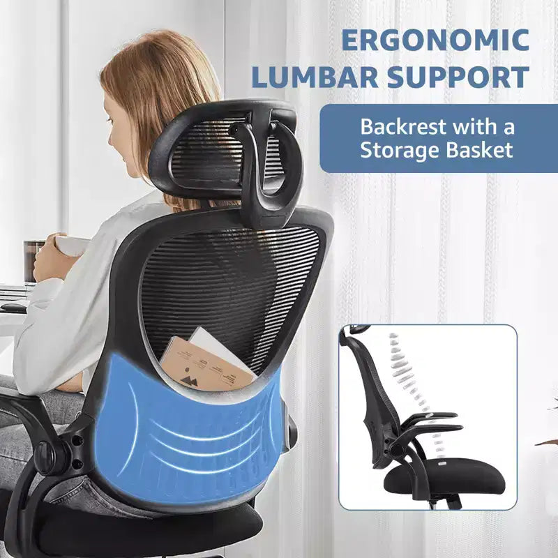 Sedia ergonomica da lavoro, schienale alto, ruote, braccioli ribaltabili, regolabile
