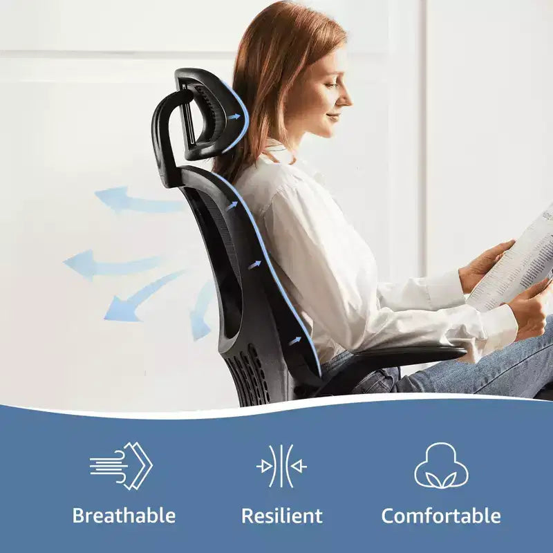 Sedia ergonomica da lavoro, schienale alto, ruote, braccioli ribaltabili, regolabile