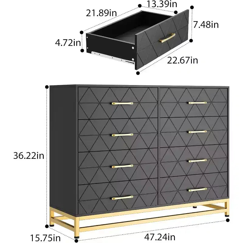Cassettiera nera, 8 cassetti grandi, pannello con motivo a triangoli