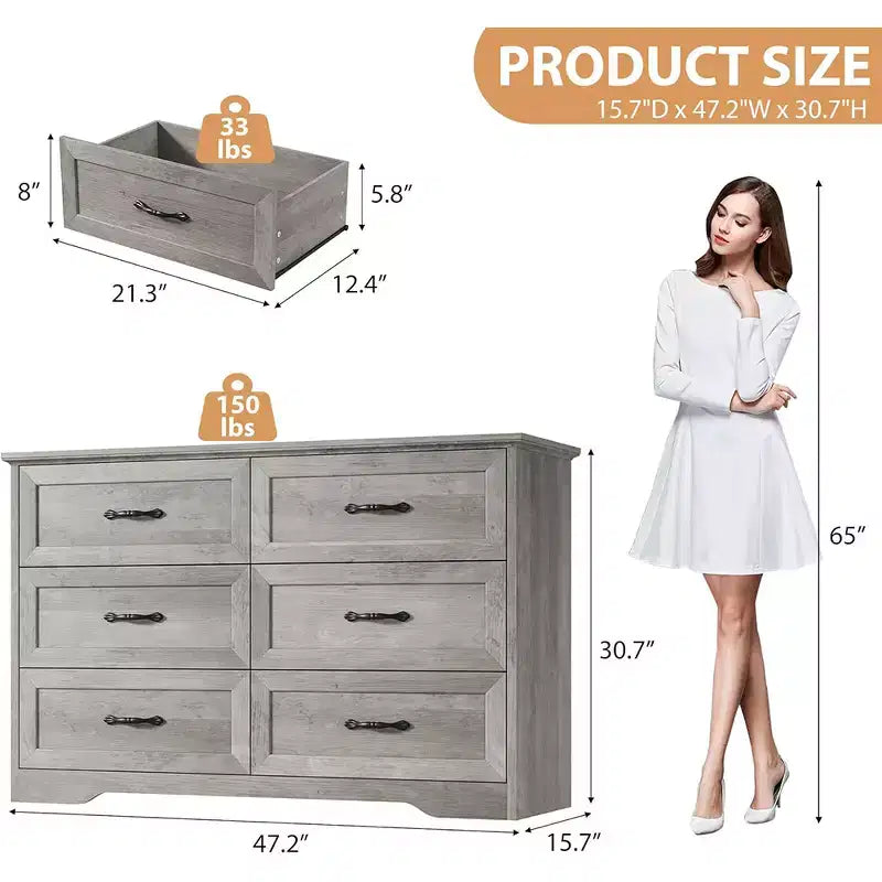 Chest of Drawer with Metal Handles, 6 Drawer Dresser