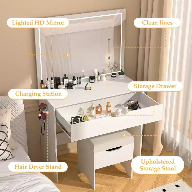 Vanity Desk with LED Lighted Mirror Power Outlet