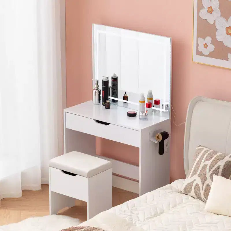 Vanity Desk with LED Lighted Mirror Power Outlet