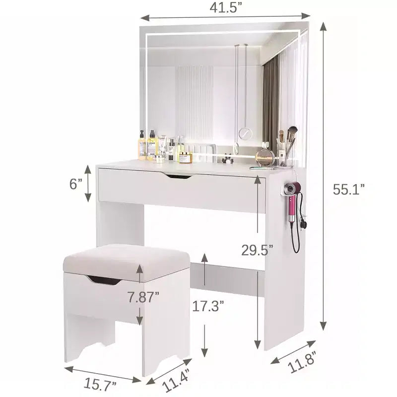 Vanity Desk with LED Lighted Mirror Power Outlet