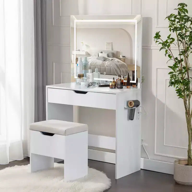 Vanity Desk with LED Lighted Mirror Power Outlet