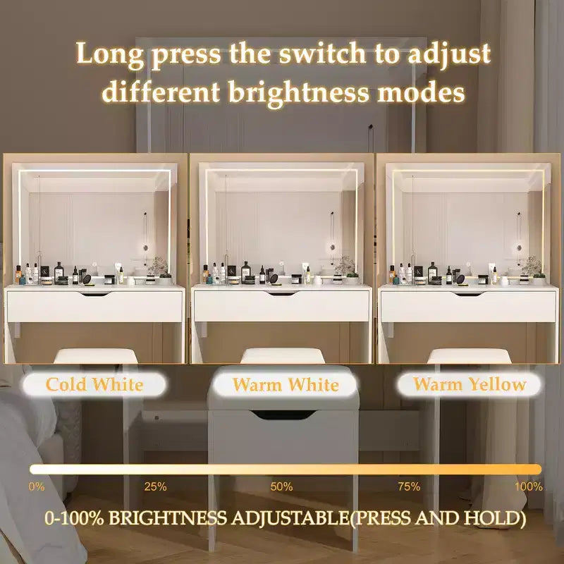Vanity Desk with LED Lighted Mirror Power Outlet