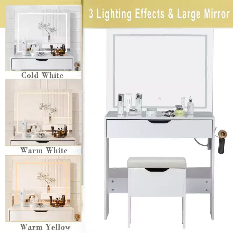 Vanity Desk with LED Lighted Mirror Power Outlet