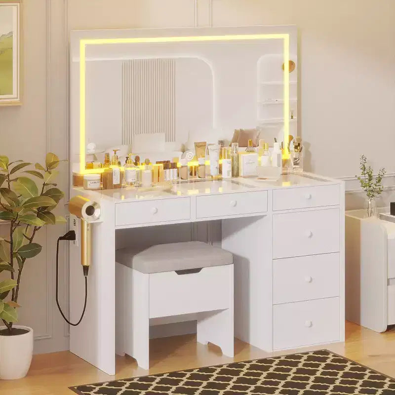 Toeletta con specchio illuminato a LED e presa di corrente, tavolo da trucco