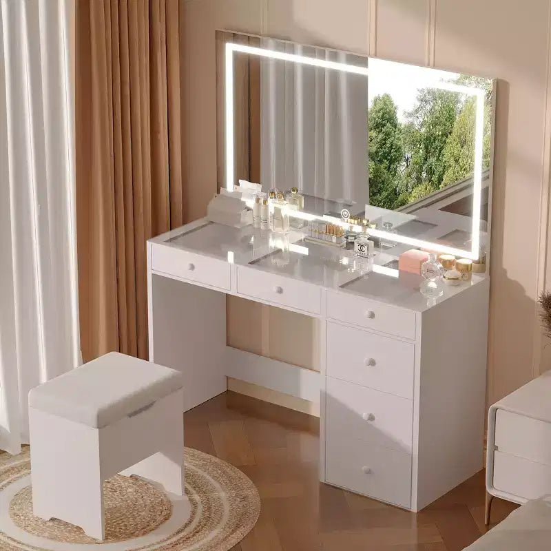 Toeletta con specchio illuminato a LED e presa di corrente, tavolo da trucco