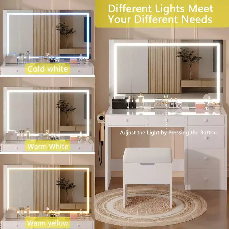 Toeletta con specchio illuminato a LED e presa di corrente, tavolo da trucco