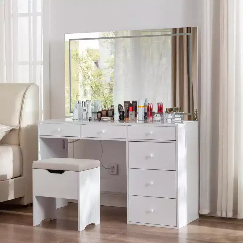 Toeletta con specchio illuminato a LED e presa di corrente, tavolo da trucco