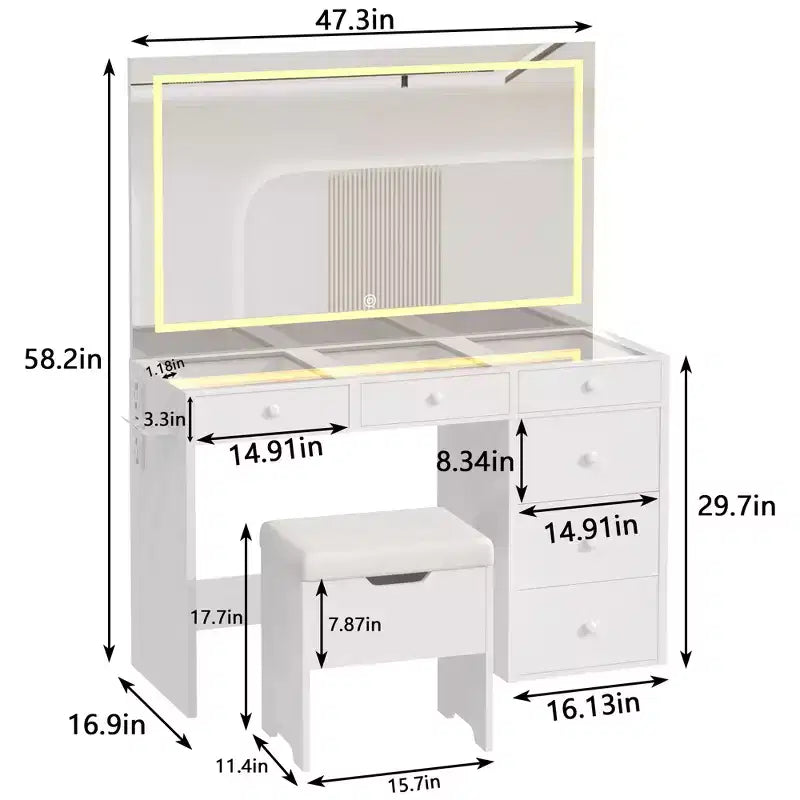 Toeletta con specchio illuminato a LED e presa di corrente, tavolo da trucco