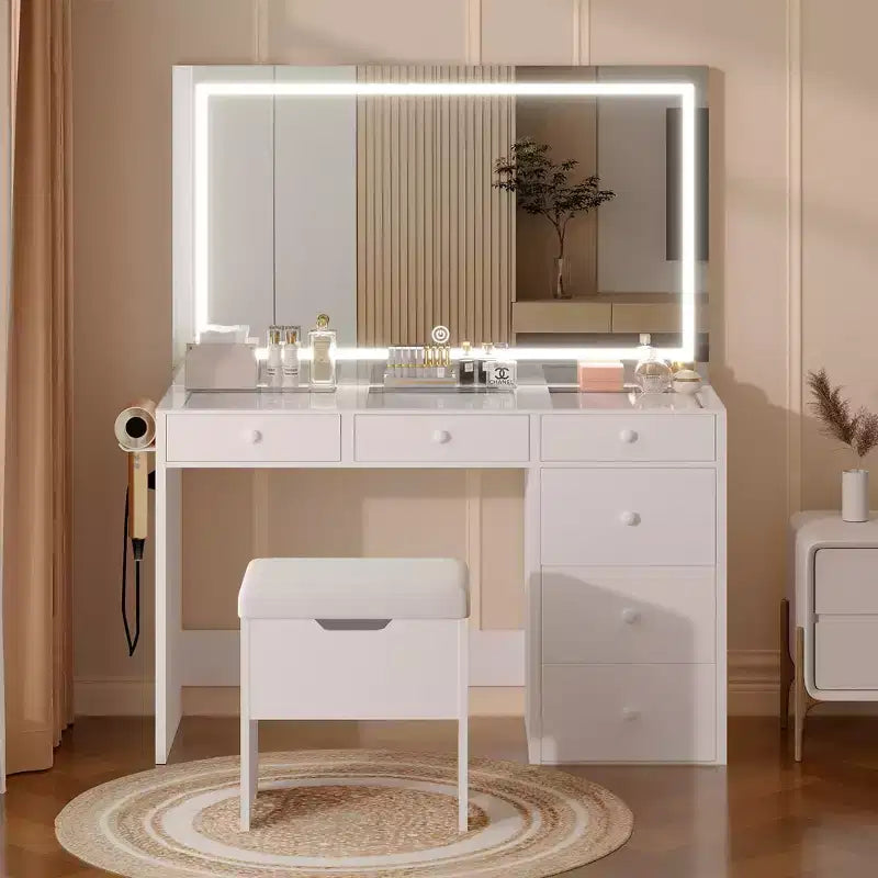 Toeletta con specchio illuminato a LED e presa di corrente, tavolo da trucco