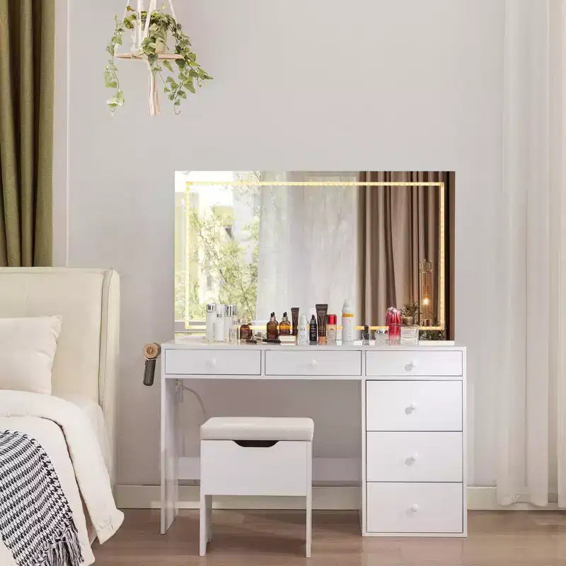 Toeletta con specchio illuminato a LED e presa di corrente, tavolo da trucco
