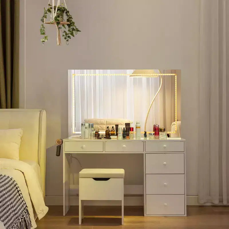 Toeletta con specchio illuminato a LED e presa di corrente, tavolo da trucco
