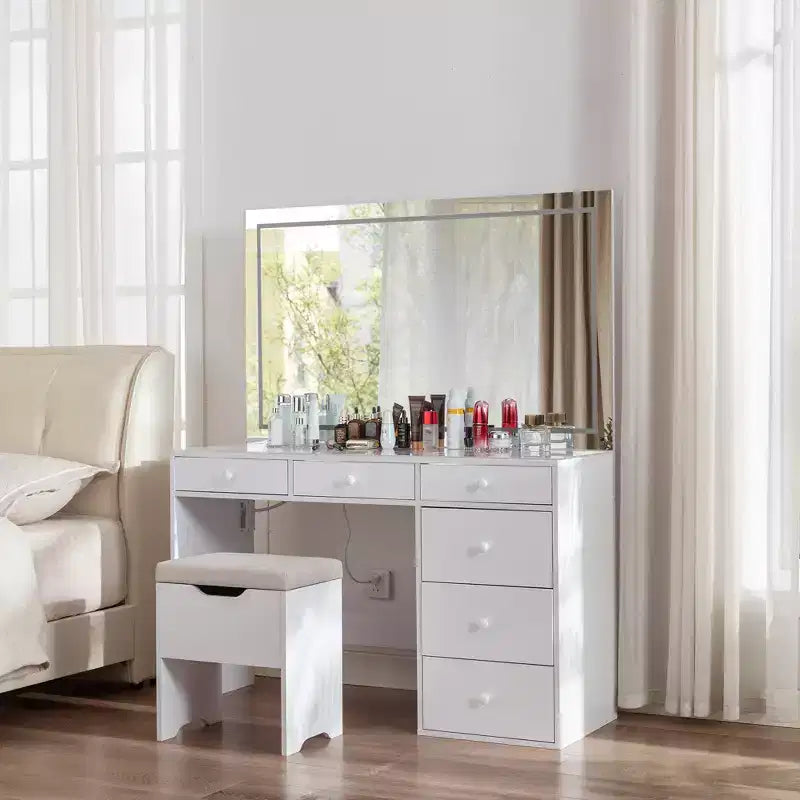 Toeletta con specchio illuminato a LED e presa di corrente, tavolo da trucco