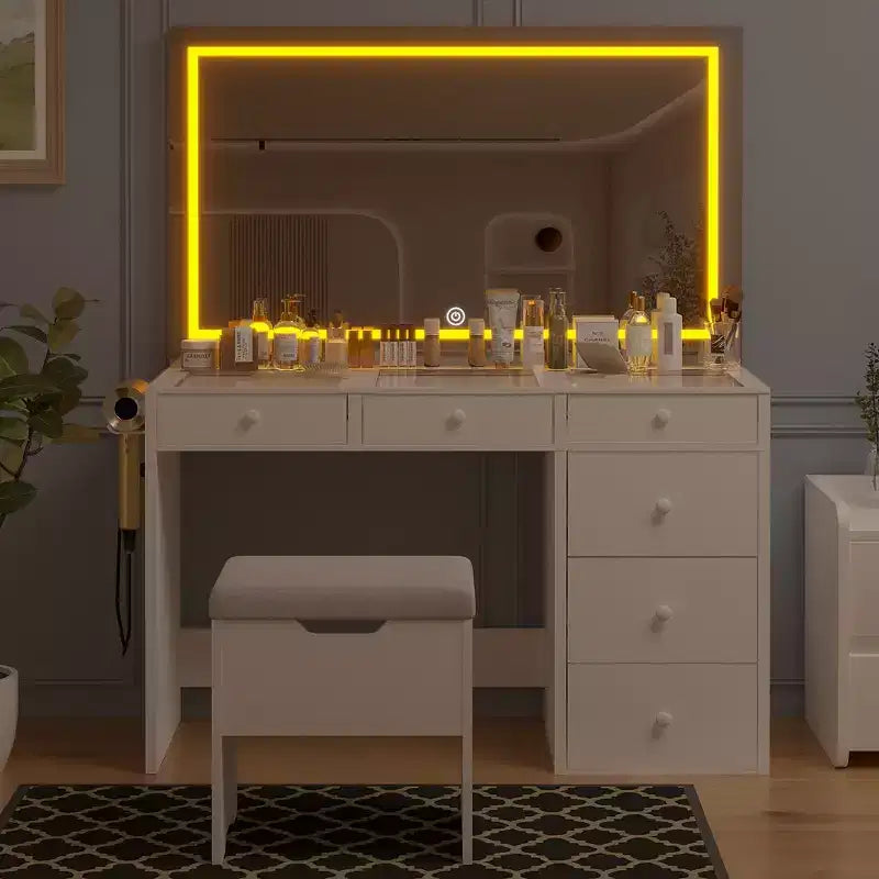 Toeletta con specchio illuminato a LED e presa di corrente, tavolo da trucco