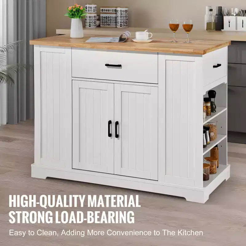 Kitchen Island Cart, 46 Wood Top Breakfast Bar with Storage Cabinet