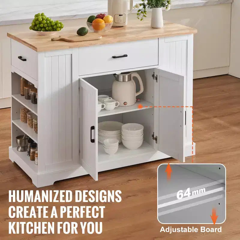 Kitchen Island Cart, 46 Wood Top Breakfast Bar with Storage Cabinet