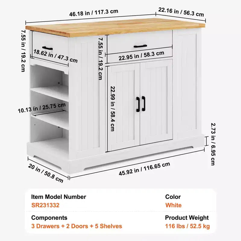 Kitchen Island Cart, 46 Wood Top Breakfast Bar with Storage Cabinet