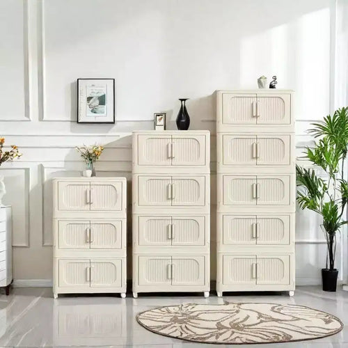 5 Tiers Plastic Folding Stoarge Cabinet with Magnetic Door Wheels Cream White