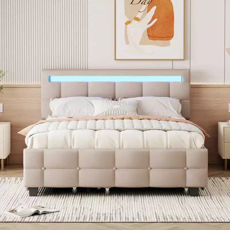 Queen Elegant Platform Bed Frame with Upholstered and LED Frame