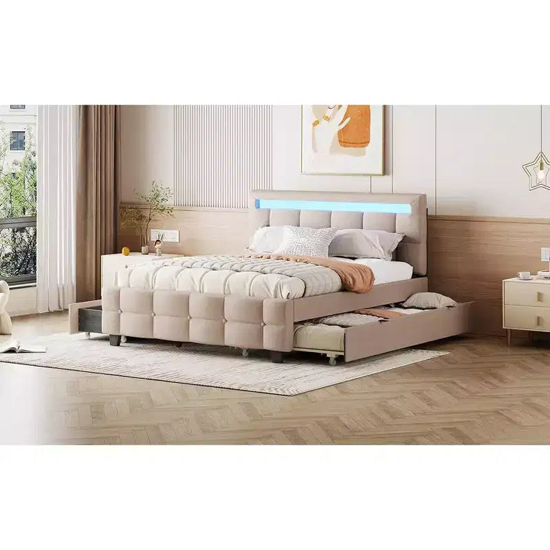 Letto matrimoniale elegante con struttura a piattaforma imbottita e LED