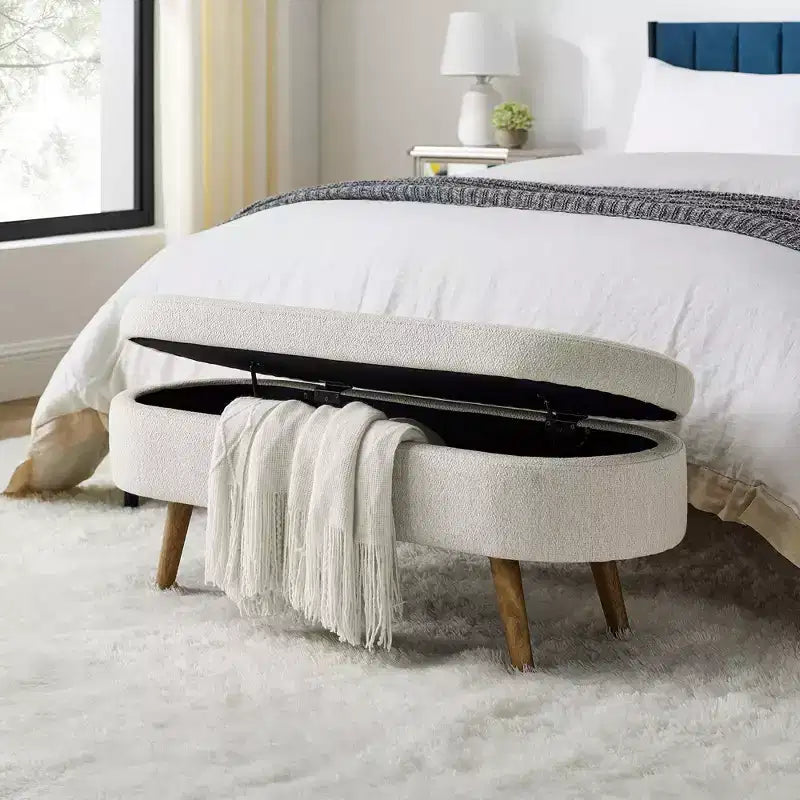 Panca contenitore ovale moderna in lino con gambe in legno di gomma