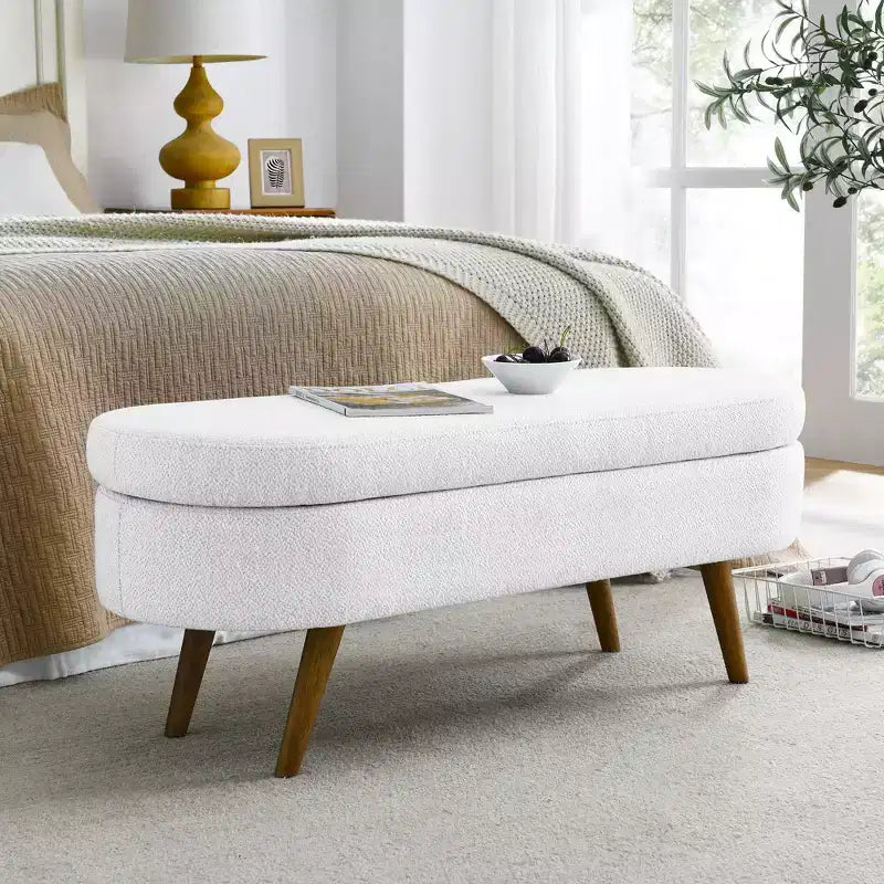 Panca contenitore ovale moderna in lino con gambe in legno di gomma
