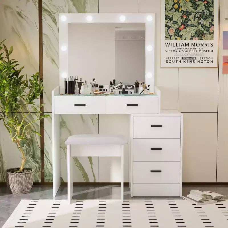Contemporary Vanity Desk with Mirror, Makeup Vanity with Adjustable LED