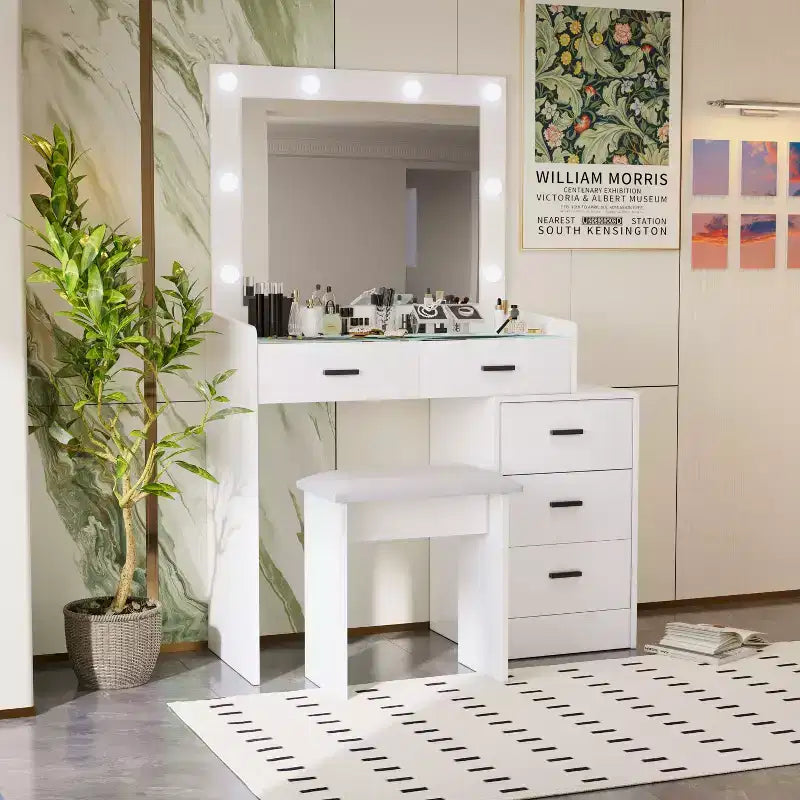 Contemporary Vanity Desk with Mirror, Makeup Vanity with Adjustable LED