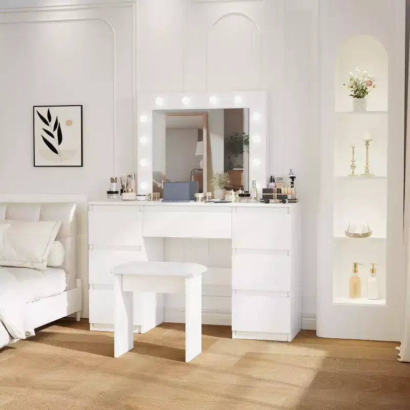 Contemporary Vanity Desk with Mirror, Makeup Vanity with Adjustable LED