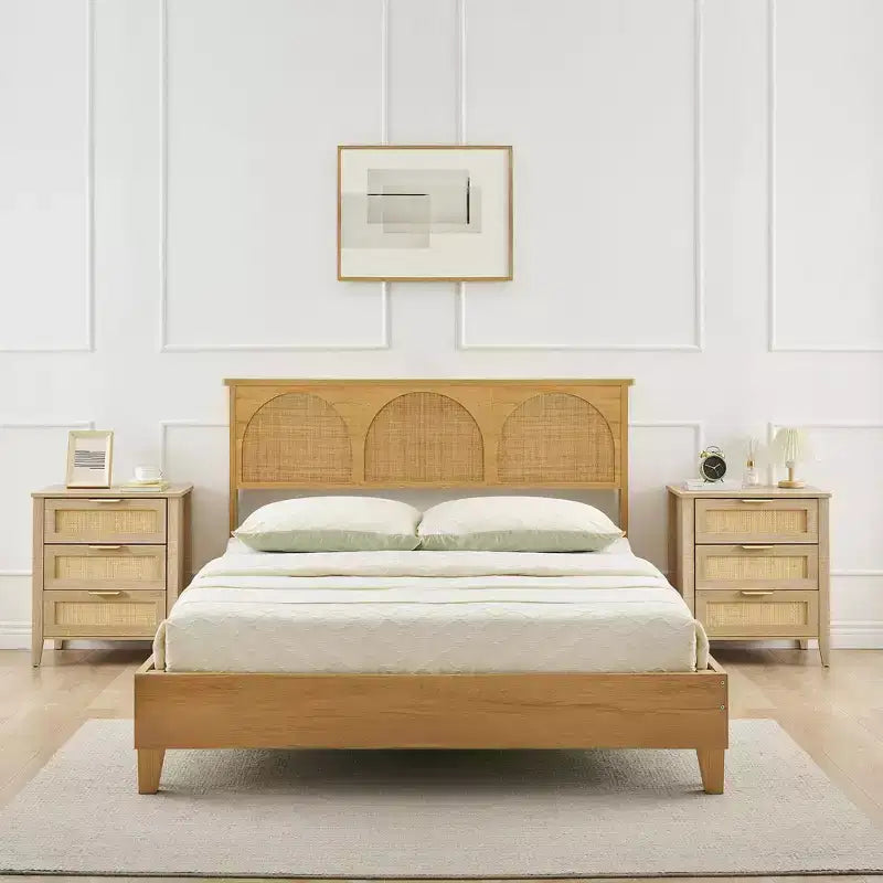 Natural Rattan Nightstand Boho 3-Drawer Bedside Tables