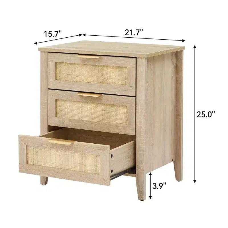 Natural Rattan Nightstand Boho 3-Drawer Bedside Tables