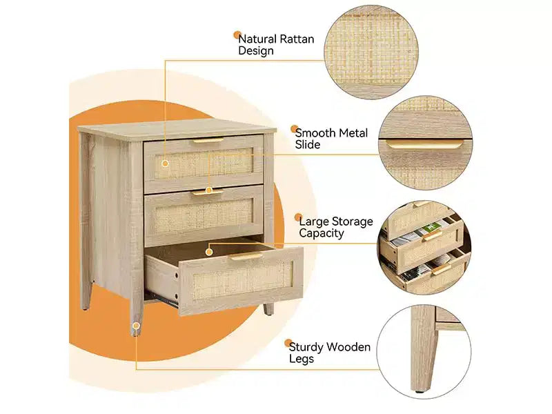Natural Rattan Nightstand Boho 3-Drawer Bedside Tables