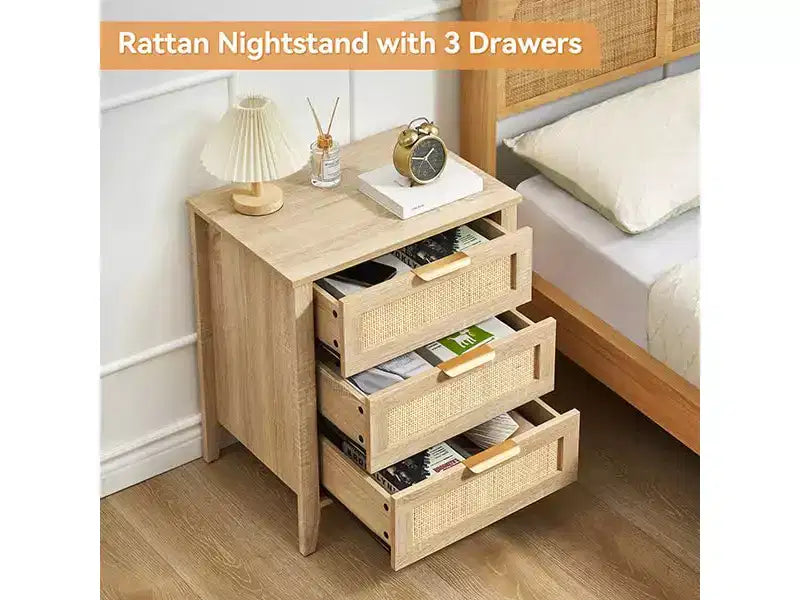 Comodini boho in rattan naturale a 3 cassetti