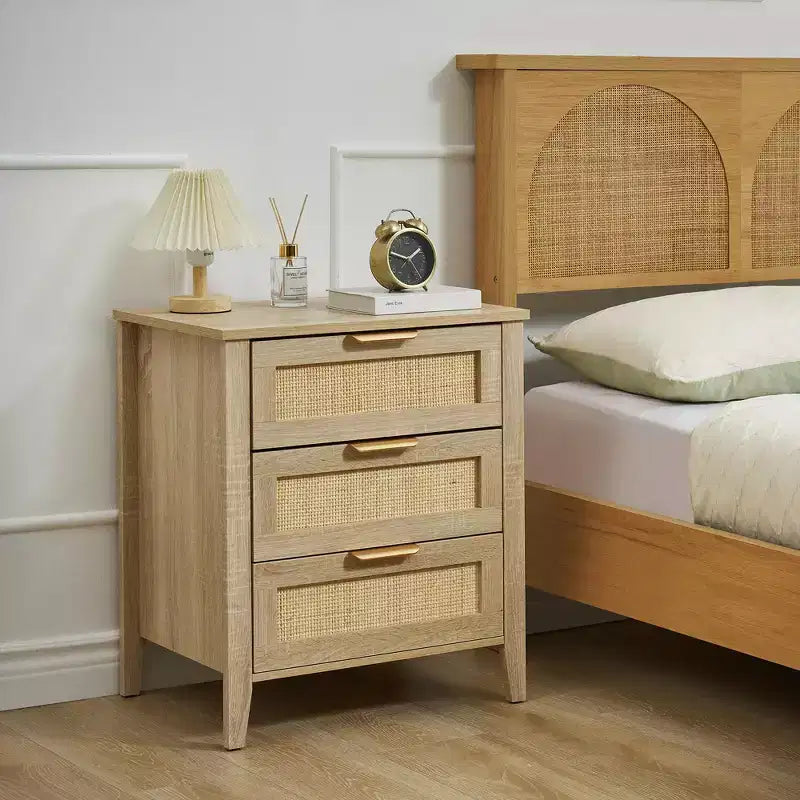 Natural Rattan Nightstand Boho 3-Drawer Bedside Tables