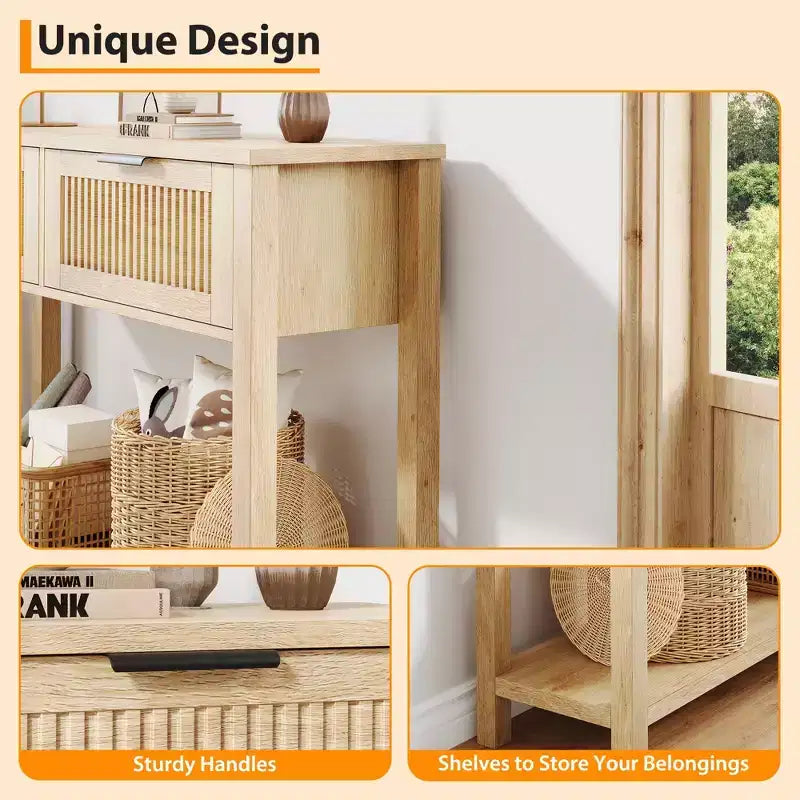 Console Table with 2 Fluted Drawers, 43inch Entryway Table with Open Storage Shelf