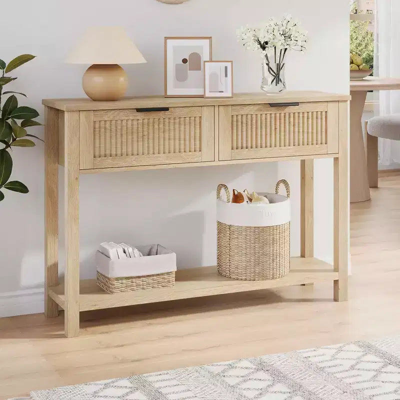 Console Table with 2 Fluted Drawers, 43inch Entryway Table with Open Storage Shelf